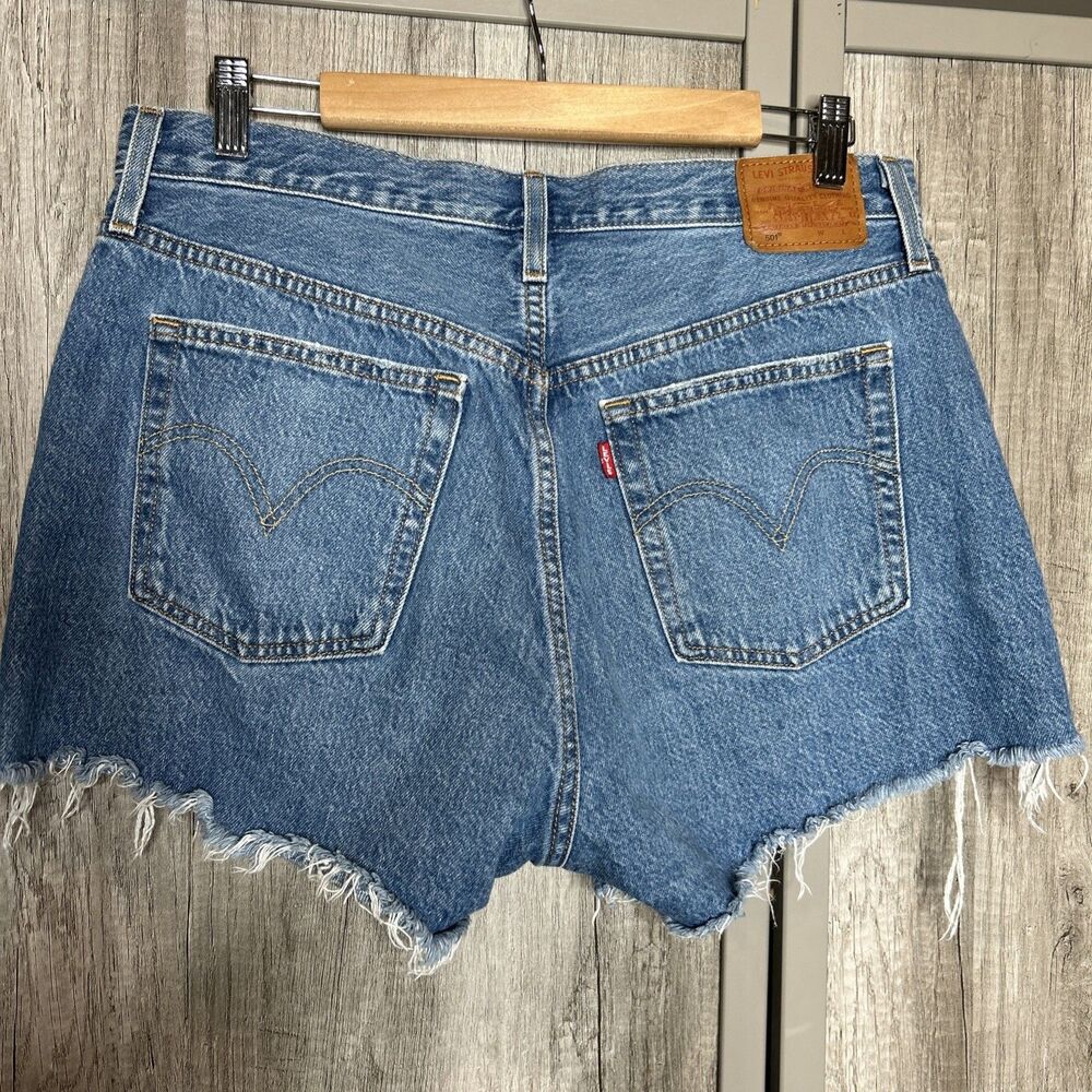 Levi’s Denim Shorts High Rise Cutout Button Fly Raw Hem Blue - Picture 6 of 10